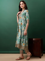 Thumbnail for Embroidered & Floral Printed Flared Kurta With Pant & Dupatta, Blue - Hiral Fashion - Distacart