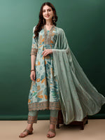 Thumbnail for Embroidered & Floral Printed Flared Kurta With Pant & Dupatta, Blue - Hiral Fashion - Distacart