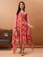 Thumbnail for Embroidered & Floral Printed Flared Kurta With Pant & Dupatta, Pink - Hiral Fashion - Dista