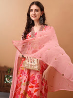 Thumbnail for Embroidered & Floral Printed Flared Kurta With Pant & Dupatta, Pink - Hiral Fashion - Dista