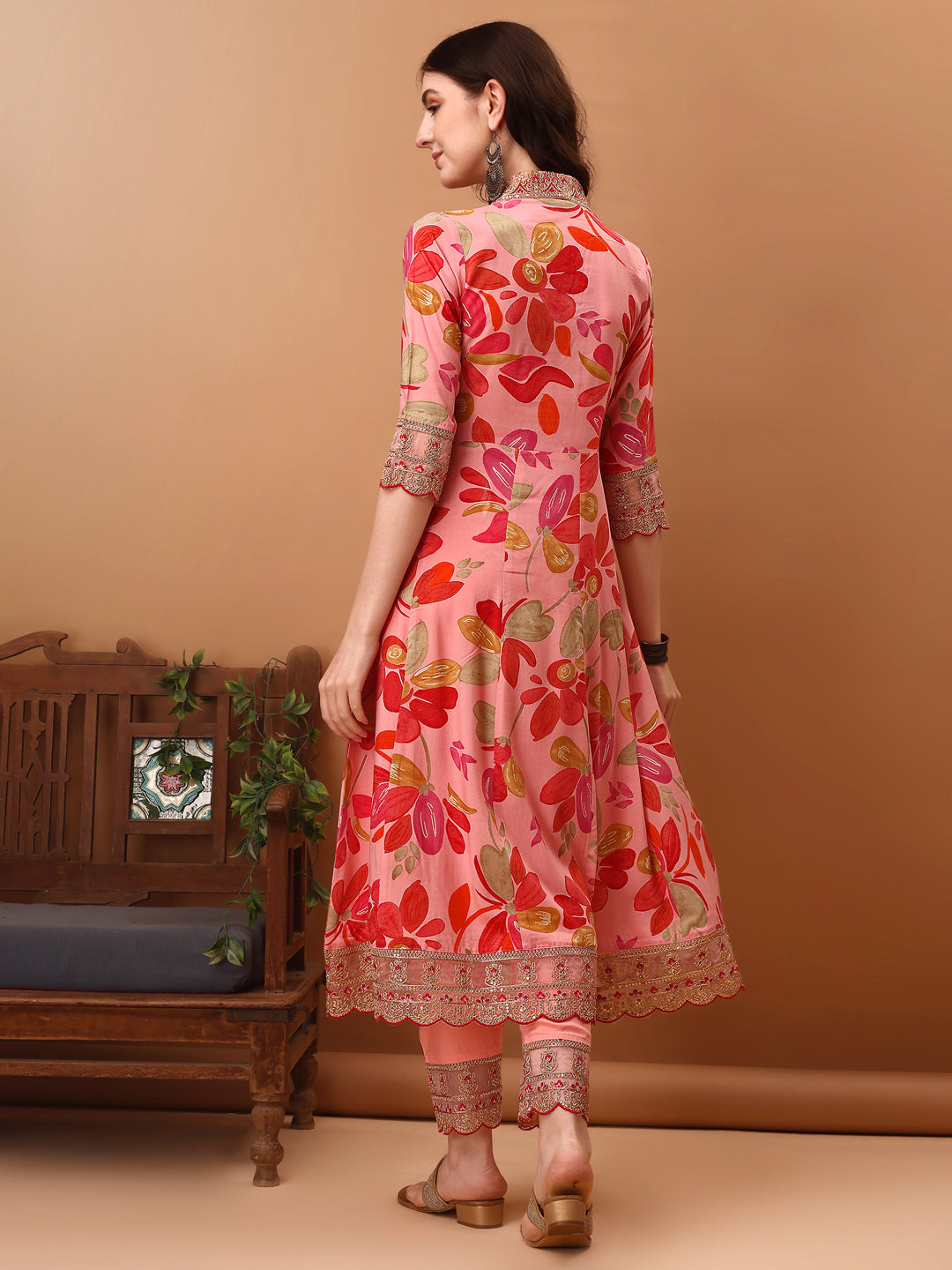 Embroidered & Floral Printed Flared Kurta With Pant & Dupatta, Pink - Hiral Fashion - Dista