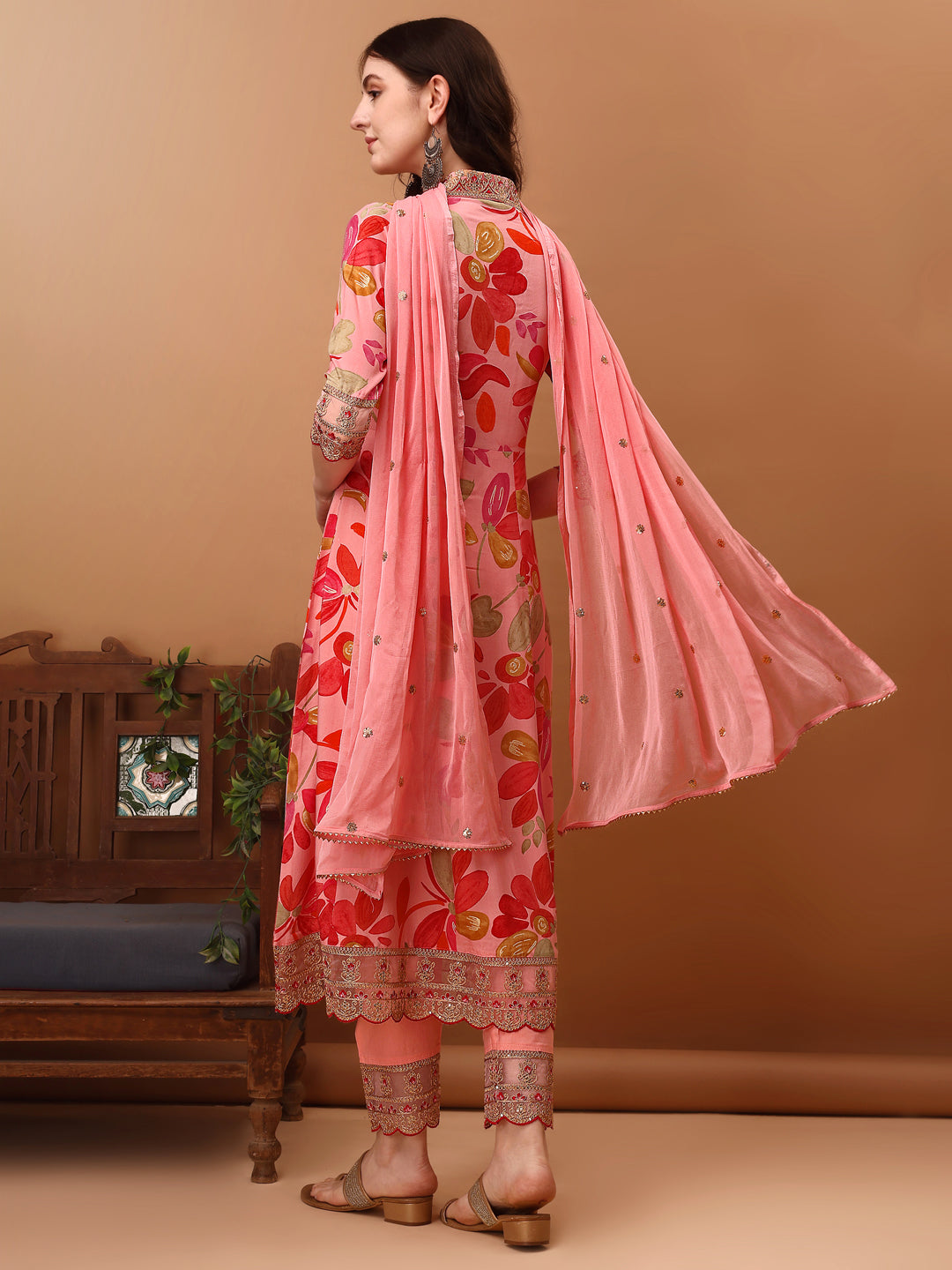 Embroidered & Floral Printed Flared Kurta With Pant & Dupatta, Pink - Hiral Fashion - Dista