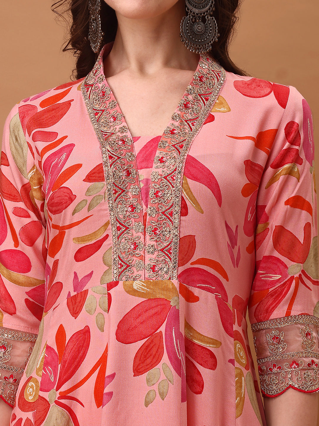 Embroidered & Floral Printed Flared Kurta With Pant & Dupatta, Pink - Hiral Fashion - Dista