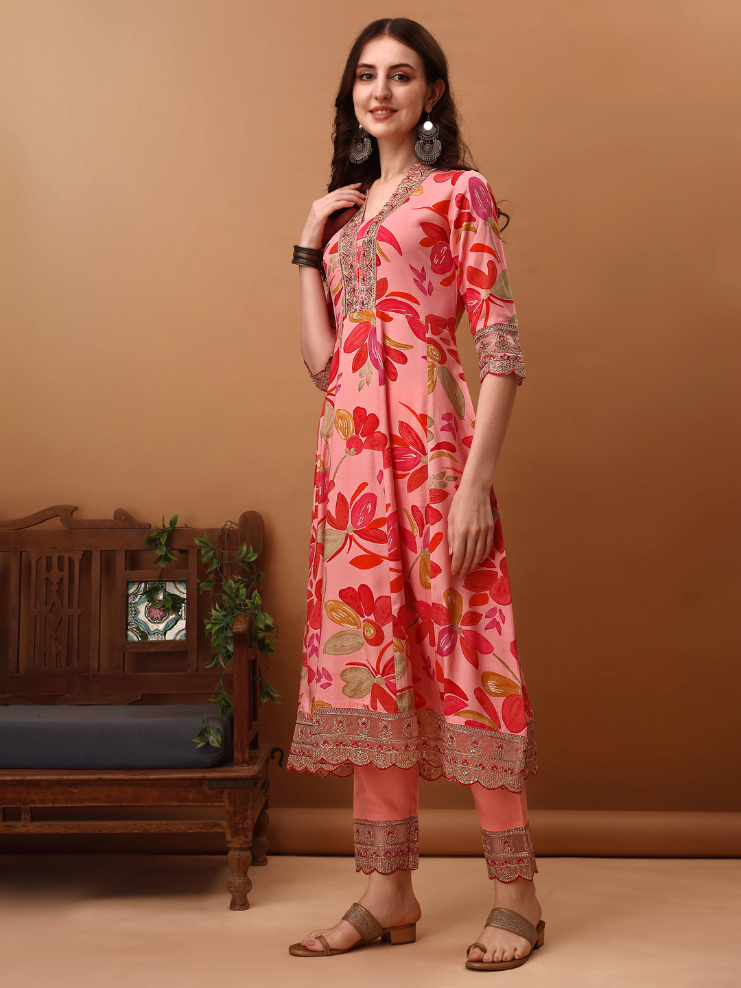 Embroidered & Floral Printed Flared Kurta With Pant & Dupatta, Pink - Hiral Fashion - Dista
