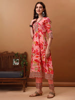 Thumbnail for Embroidered & Floral Printed Flared Kurta With Pant & Dupatta, Pink - Hiral Fashion - Dista