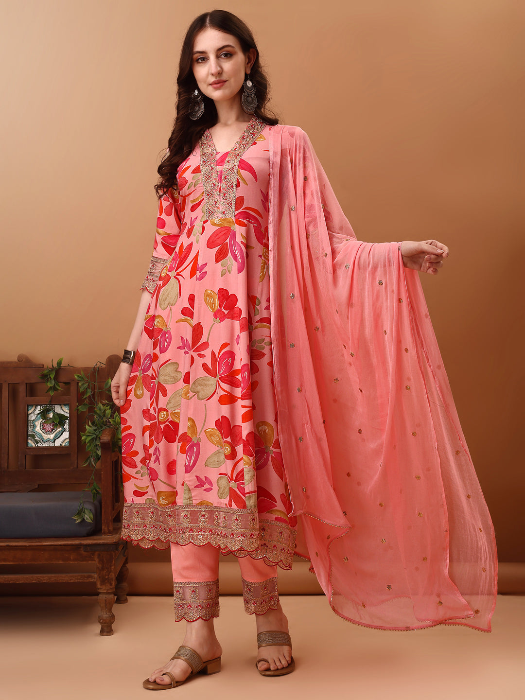 Embroidered & Floral Printed Flared Kurta With Pant & Dupatta, Pink - Hiral Fashion - Dista