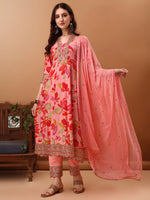 Thumbnail for Embroidered & Floral Printed Flared Kurta With Pant & Dupatta, Pink - Hiral Fashion - Dista