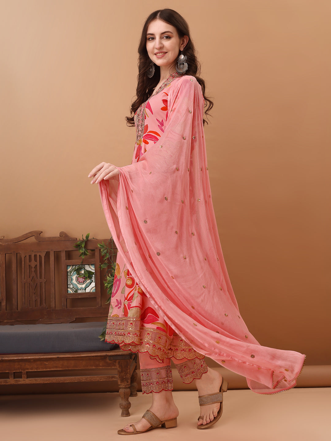 Embroidered & Floral Printed Flared Kurta With Pant & Dupatta, Pink - Hiral Fashion - Dista