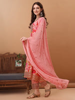 Thumbnail for Embroidered & Floral Printed Flared Kurta With Pant & Dupatta, Pink - Hiral Fashion - Dista