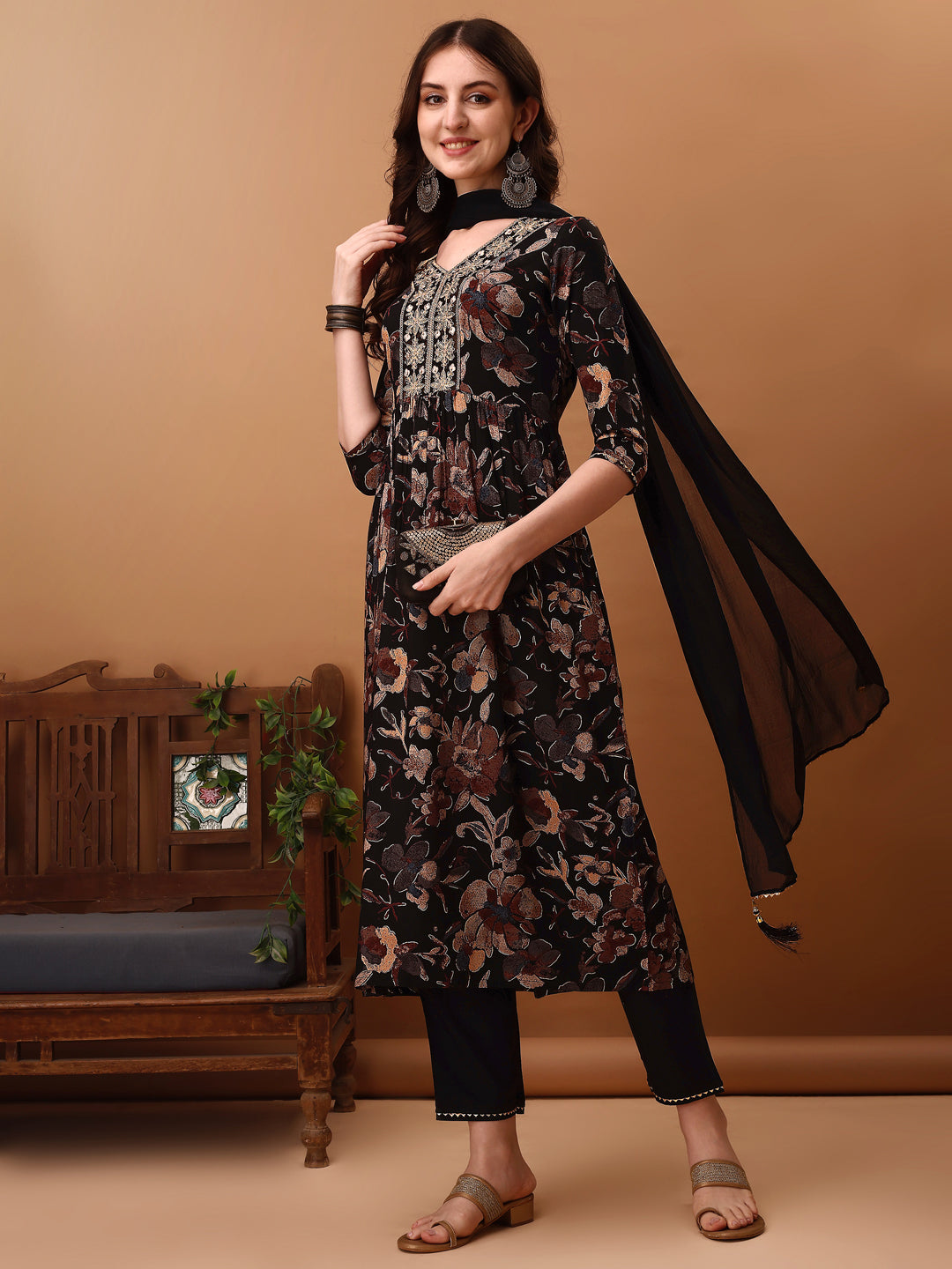 Flared Embroidered & Floral Printed Kurta With Pant & Dupatta, Black - Hiral Fashion - Dista