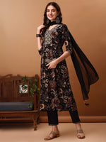 Thumbnail for Flared Embroidered & Floral Printed Kurta With Pant & Dupatta, Black - Hiral Fashion - Dista