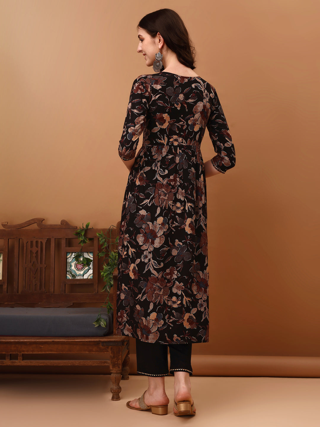 Flared Embroidered & Floral Printed Kurta With Pant & Dupatta, Black - Hiral Fashion - Dista