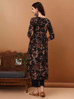 Thumbnail for Flared Embroidered & Floral Printed Kurta With Pant & Dupatta, Black - Hiral Fashion - Dista