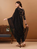 Thumbnail for Flared Embroidered & Floral Printed Kurta With Pant & Dupatta, Black - Hiral Fashion - Dista