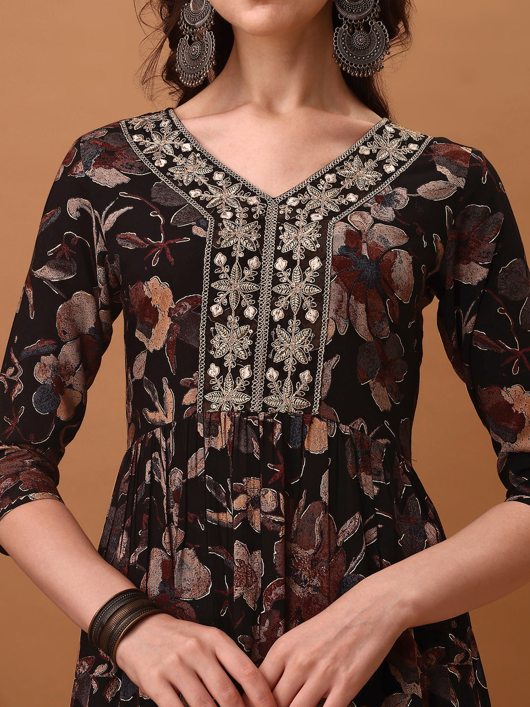 Flared Embroidered & Floral Printed Kurta With Pant & Dupatta, Black - Hiral Fashion - Dista