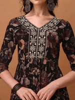 Thumbnail for Flared Embroidered & Floral Printed Kurta With Pant & Dupatta, Black - Hiral Fashion - Dista