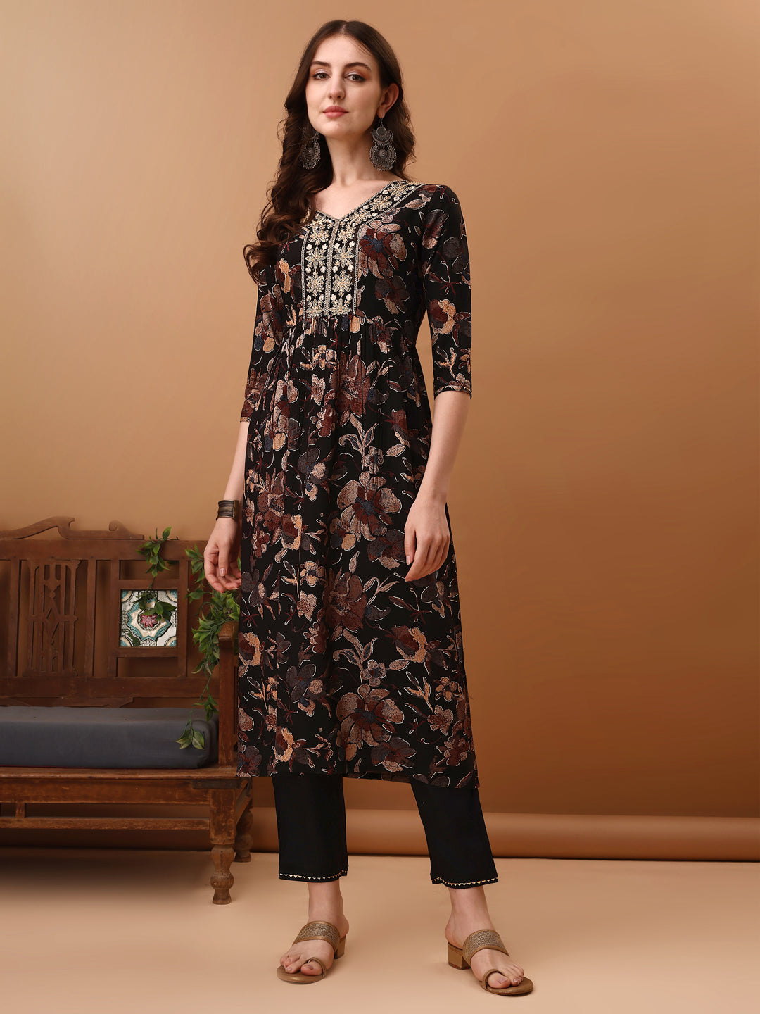 Flared Embroidered & Floral Printed Kurta With Pant & Dupatta, Black - Hiral Fashion - Dista