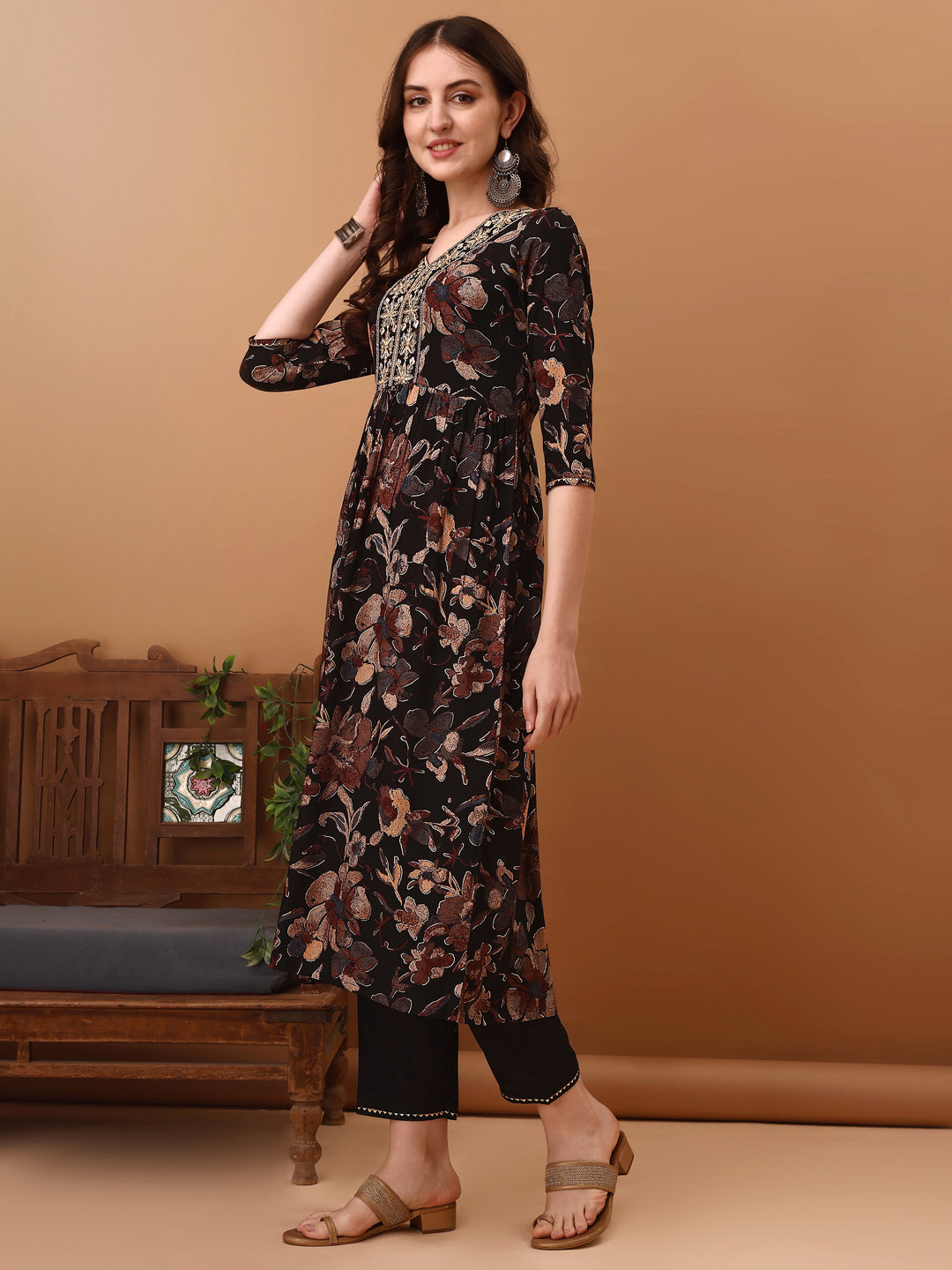 Flared Embroidered & Floral Printed Kurta With Pant & Dupatta, Black - Hiral Fashion - Dista