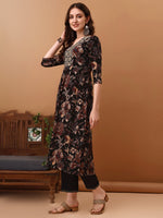 Thumbnail for Flared Embroidered & Floral Printed Kurta With Pant & Dupatta, Black - Hiral Fashion - Dista