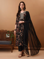 Thumbnail for Flared Embroidered & Floral Printed Kurta With Pant & Dupatta, Black - Hiral Fashion - Dista