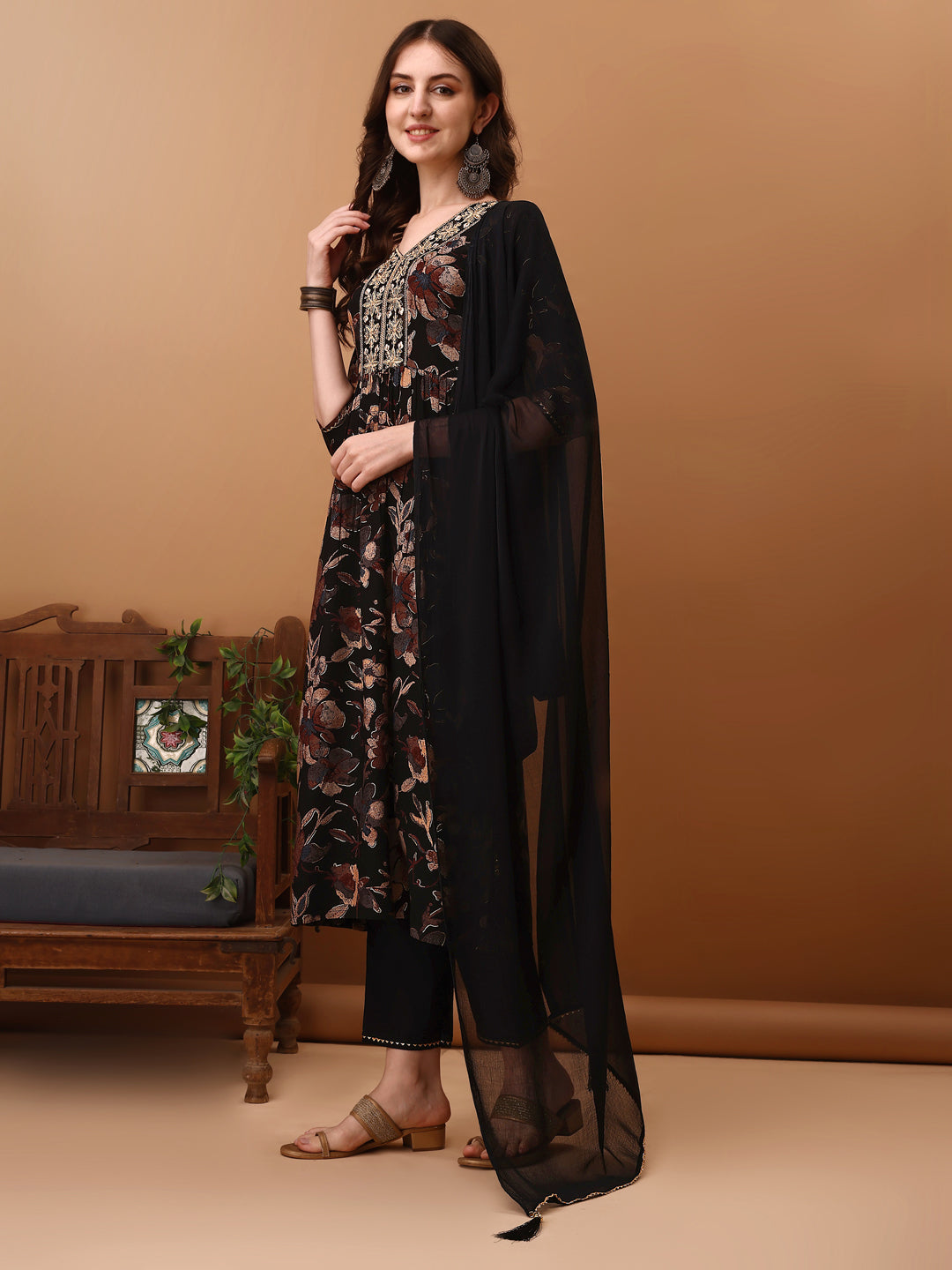 Flared Embroidered & Floral Printed Kurta With Pant & Dupatta, Black - Hiral Fashion - Dista