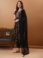 Thumbnail for Flared Embroidered & Floral Printed Kurta With Pant & Dupatta, Black - Hiral Fashion - Dista