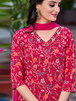 Thumbnail for Mirror Embroidery & Floral Printed Kurta With Pant & Dupatta, Pink - Hiral Fashion - Distacart