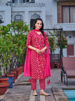 Thumbnail for Mirror Embroidery & Floral Printed Kurta With Pant & Dupatta, Pink - Hiral Fashion - Distacart