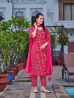 Thumbnail for Mirror Embroidery & Floral Printed Kurta With Pant & Dupatta, Pink - Hiral Fashion - Distacart