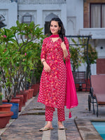Thumbnail for Mirror Embroidery & Floral Printed Kurta With Pant & Dupatta, Pink - Hiral Fashion - Distacart