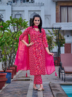 Thumbnail for Mirror Embroidery & Floral Printed Kurta With Pant & Dupatta, Pink - Hiral Fashion - Distacart