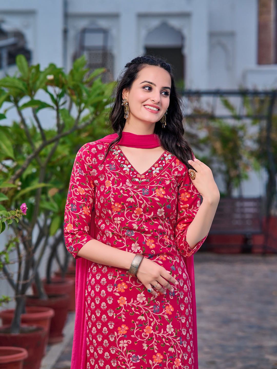 Mirror Embroidery & Floral Printed Kurta With Pant & Dupatta, Pink - Hiral Fashion - Distacart
