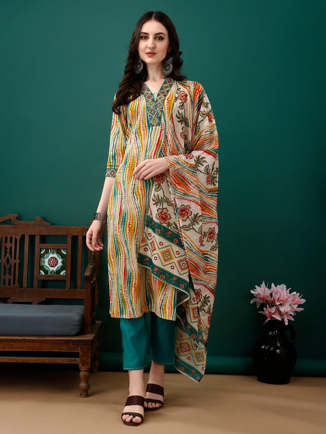 Mirror Embroidery And Shibori Printed Kurta With Pant & Dupatta, Multicolor - Hiral Fashion