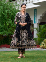 Thumbnail for Embroidered & Botanical Printed Anarkali Kurta With Pant & Embroidered Dupatta, Black - Hiral Fashion - Dista