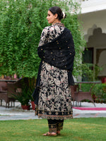 Thumbnail for Embroidered & Botanical Printed Anarkali Kurta With Pant & Embroidered Dupatta, Black - Hiral Fashion - Dista