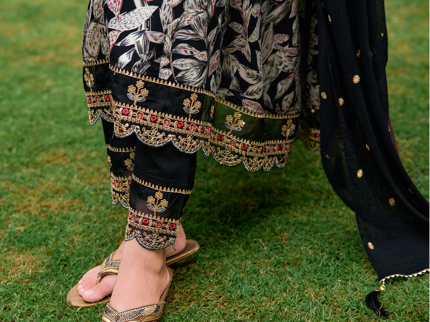 Embroidered & Botanical Printed Anarkali Kurta With Pant & Embroidered Dupatta, Black - Hiral Fashion - Dista