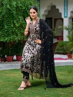 Thumbnail for Embroidered & Botanical Printed Anarkali Kurta With Pant & Embroidered Dupatta, Black - Hiral Fashion - Dista