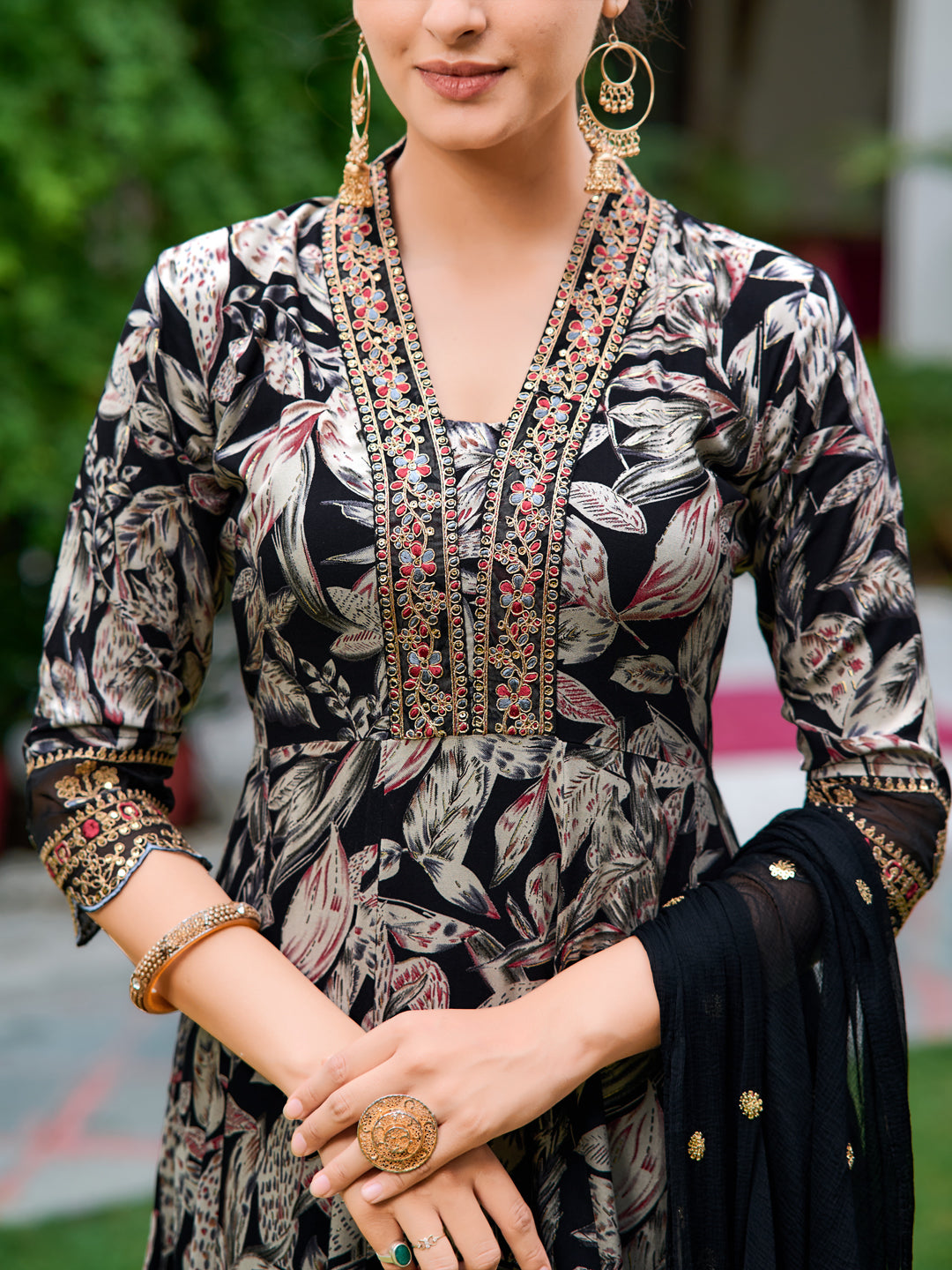 Embroidered & Botanical Printed Anarkali Kurta With Pant & Embroidered Dupatta, Black - Hiral Fashion - Dista