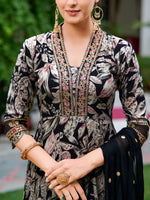 Thumbnail for Embroidered & Botanical Printed Anarkali Kurta With Pant & Embroidered Dupatta, Black - Hiral Fashion - Dista