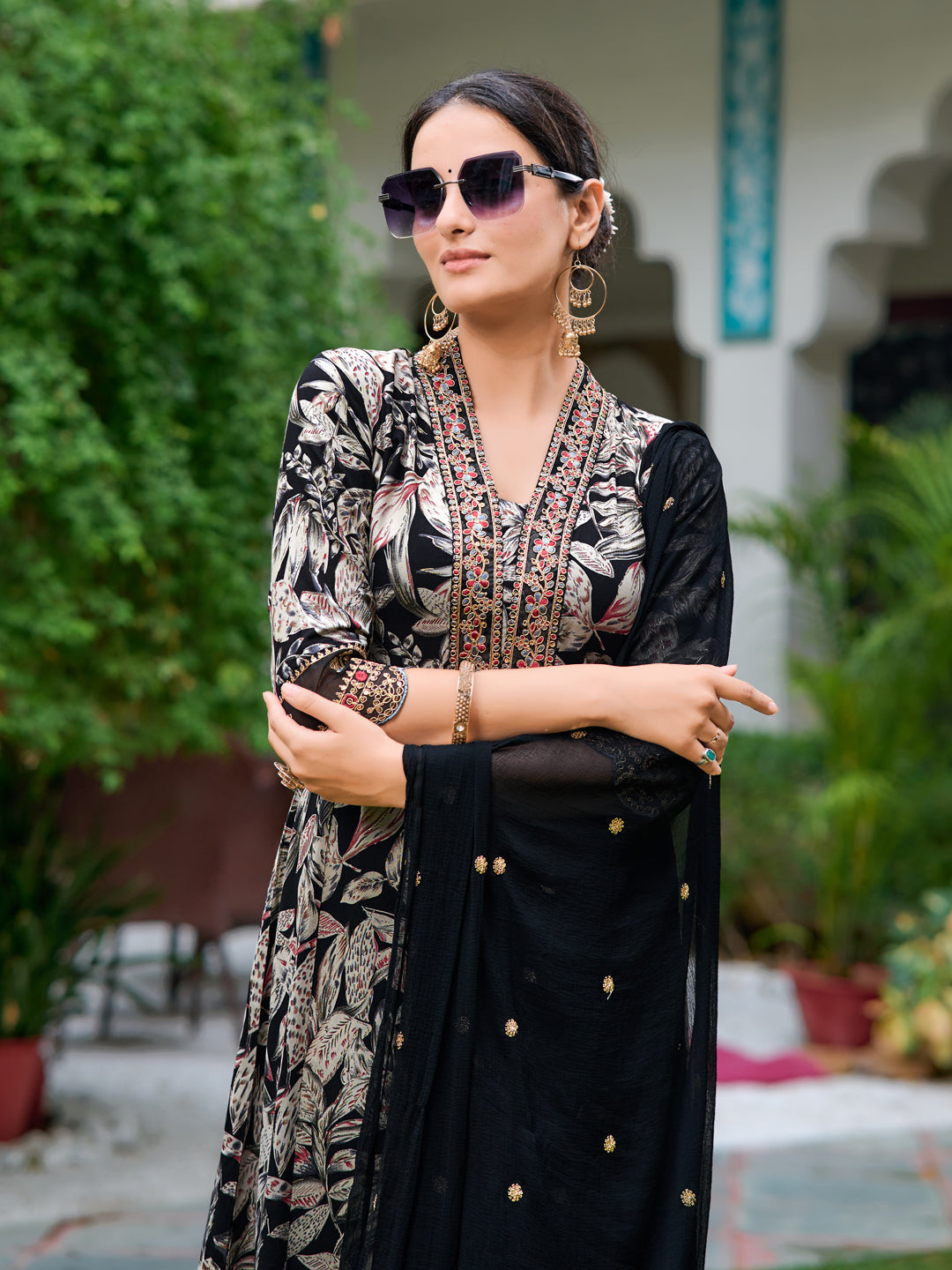 Embroidered & Botanical Printed Anarkali Kurta With Pant & Embroidered Dupatta, Black - Hiral Fashion - Dista