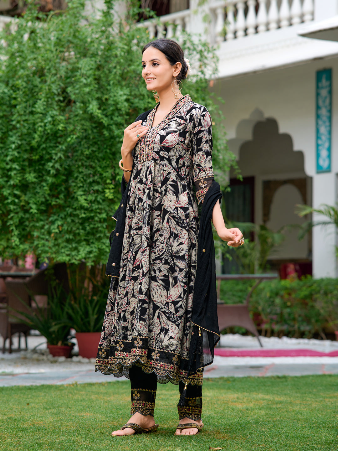 Embroidered & Botanical Printed Anarkali Kurta With Pant & Embroidered Dupatta, Black - Hiral Fashion - Dista