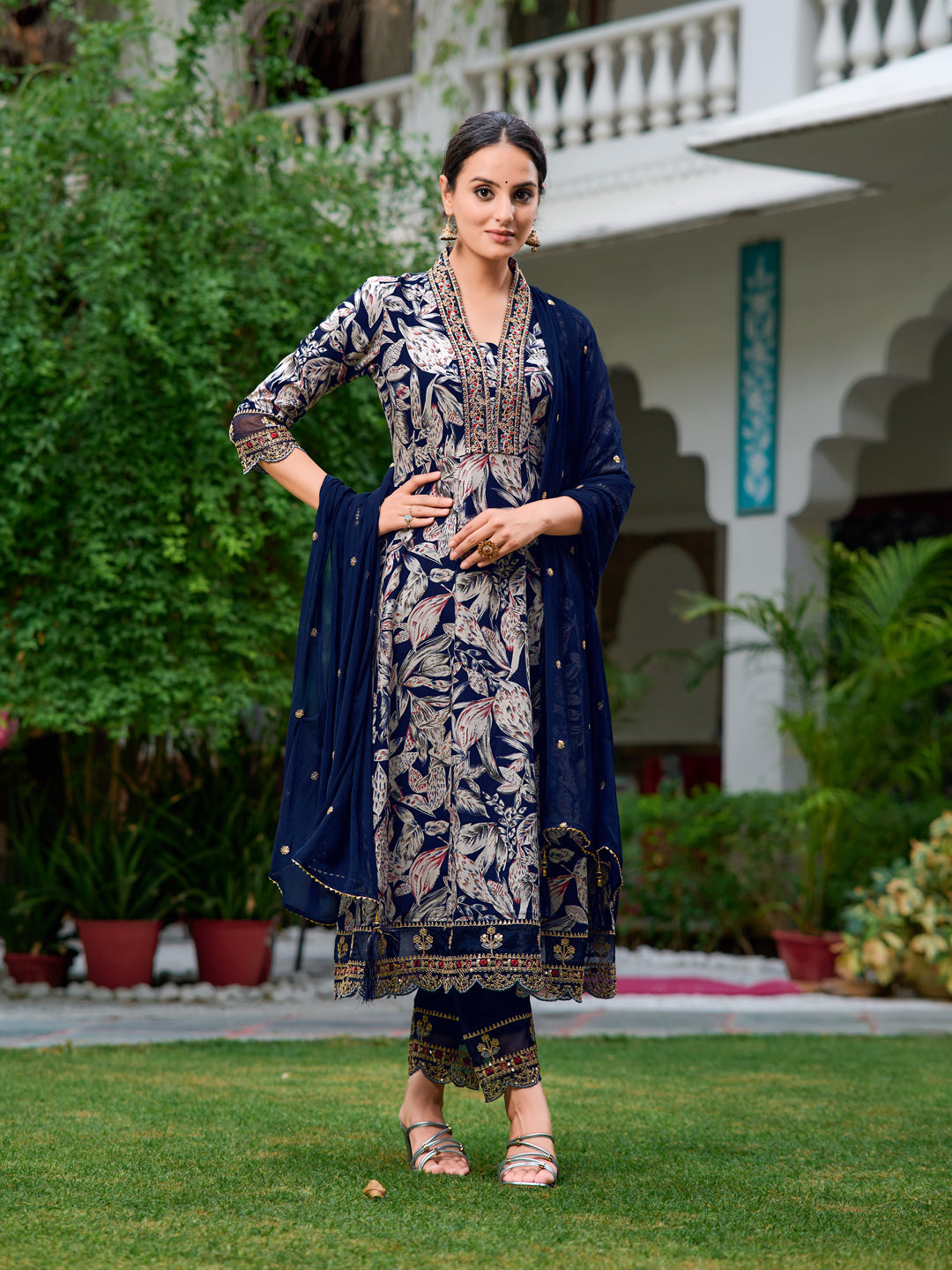 Embroidered & Botanical Printed Anarkali Kurta With Pant & Embroidered Dupatta, Navy Blue - Hiral Fashion - Distacart