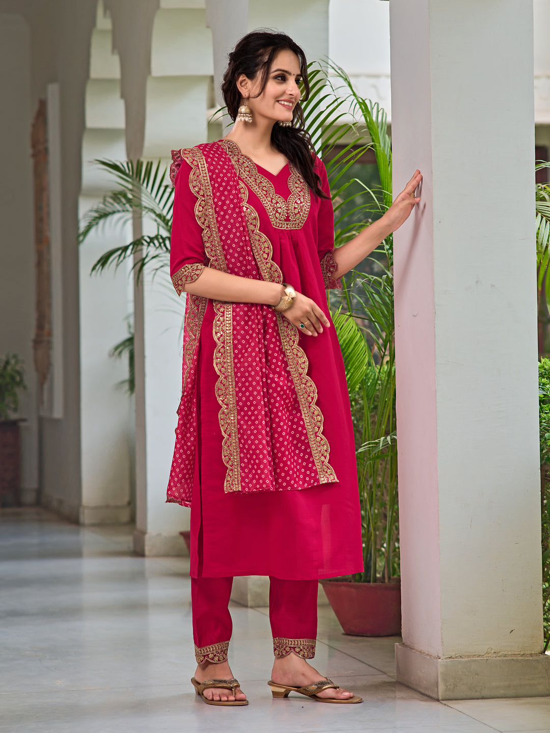 Embroidered Kurta With Pant & Bandhani Printed Embroidered Dupatta, Pink - Hiral Fashion - Distacart