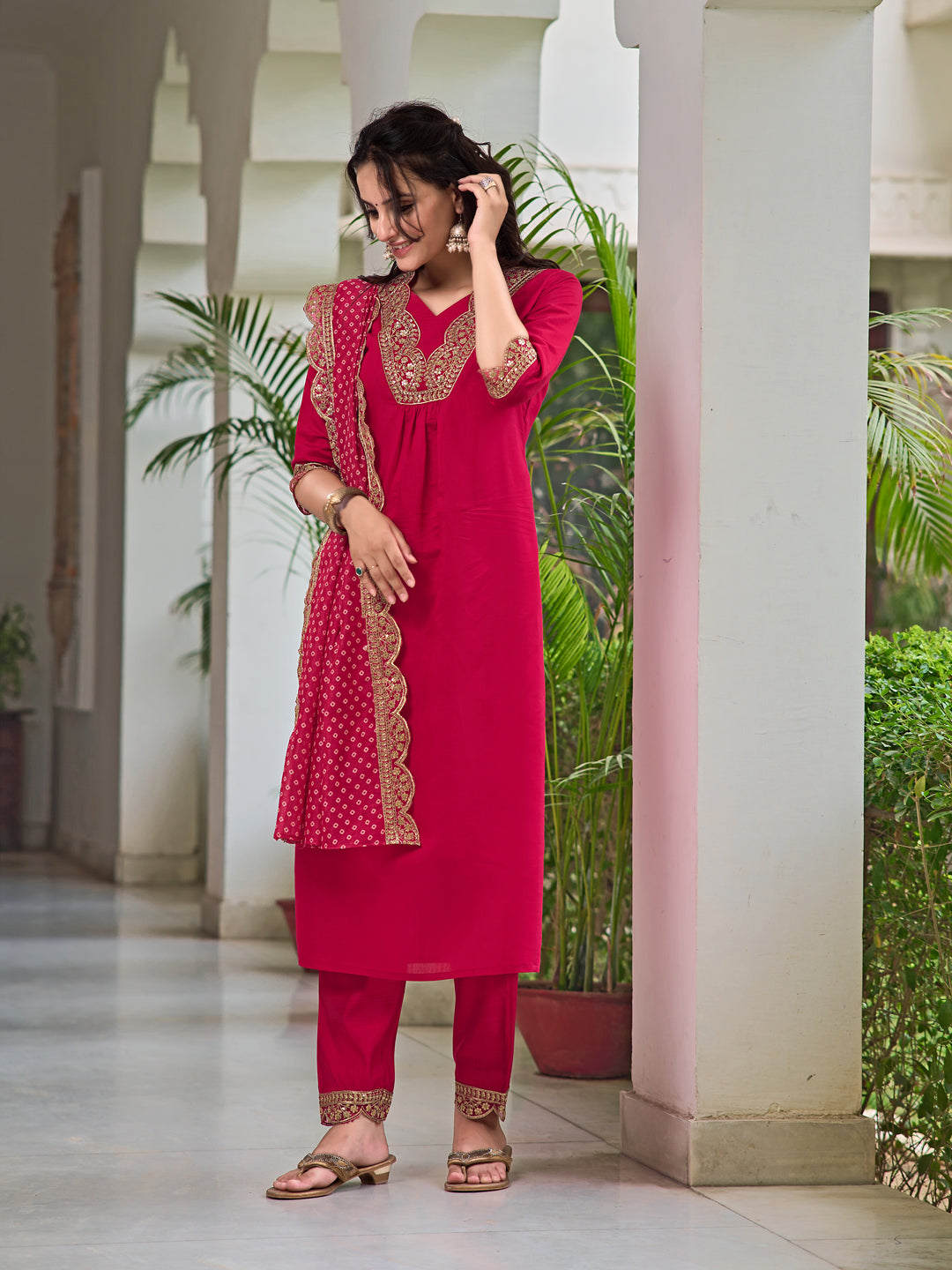 Embroidered Kurta With Pant & Bandhani Printed Embroidered Dupatta, Pink - Hiral Fashion - Distacart