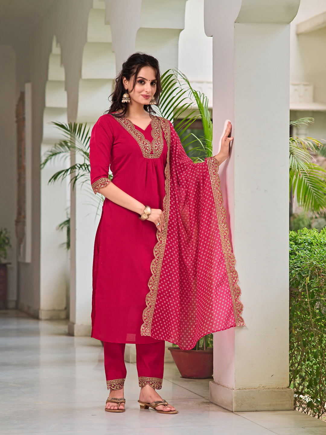 Embroidered Kurta With Pant & Bandhani Printed Embroidered Dupatta, Pink - Hiral Fashion - Distacart