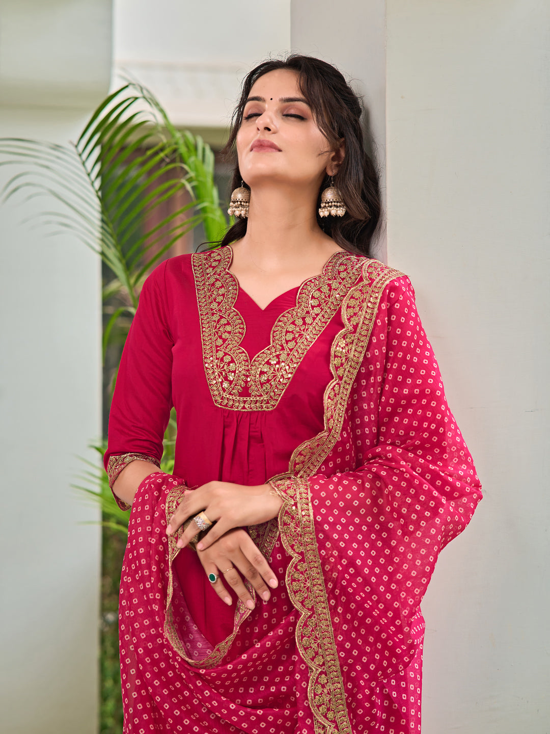 Embroidered Kurta With Pant & Bandhani Printed Embroidered Dupatta, Pink - Hiral Fashion - Distacart