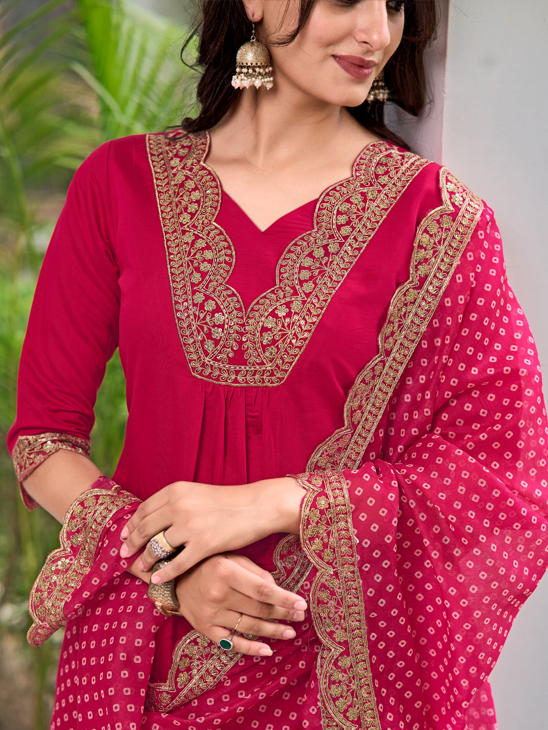Embroidered Kurta With Pant & Bandhani Printed Embroidered Dupatta, Pink - Hiral Fashion - Distacart