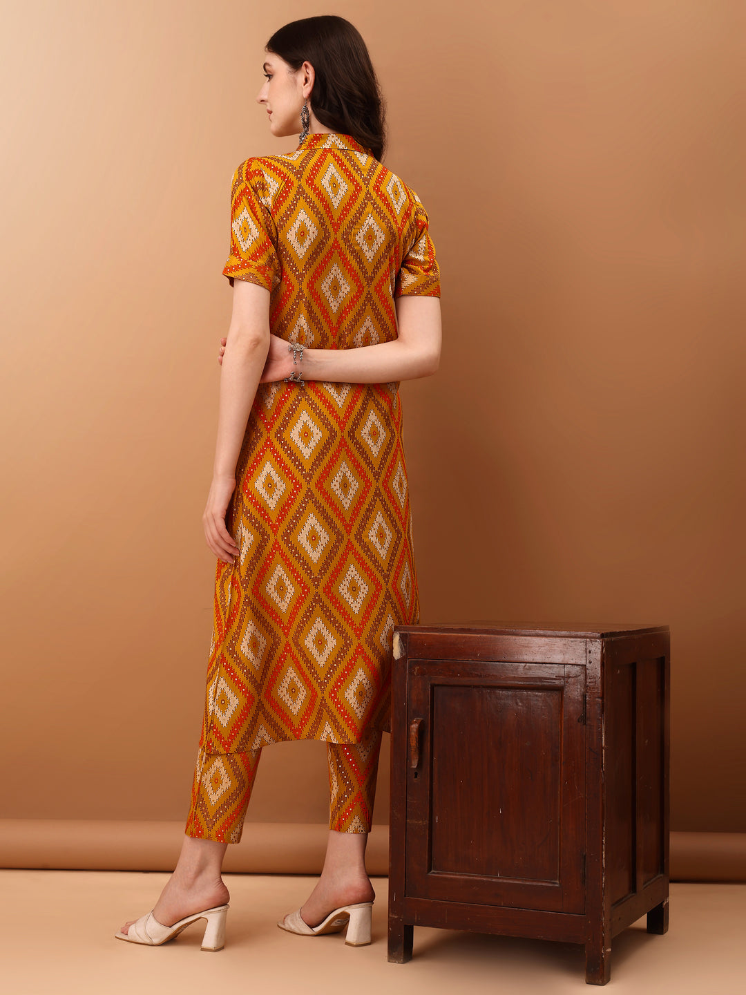 Printed Rayon Front Buttoned Collared Co-Ords Set, Mustard - Hiral Fashion - Distacart