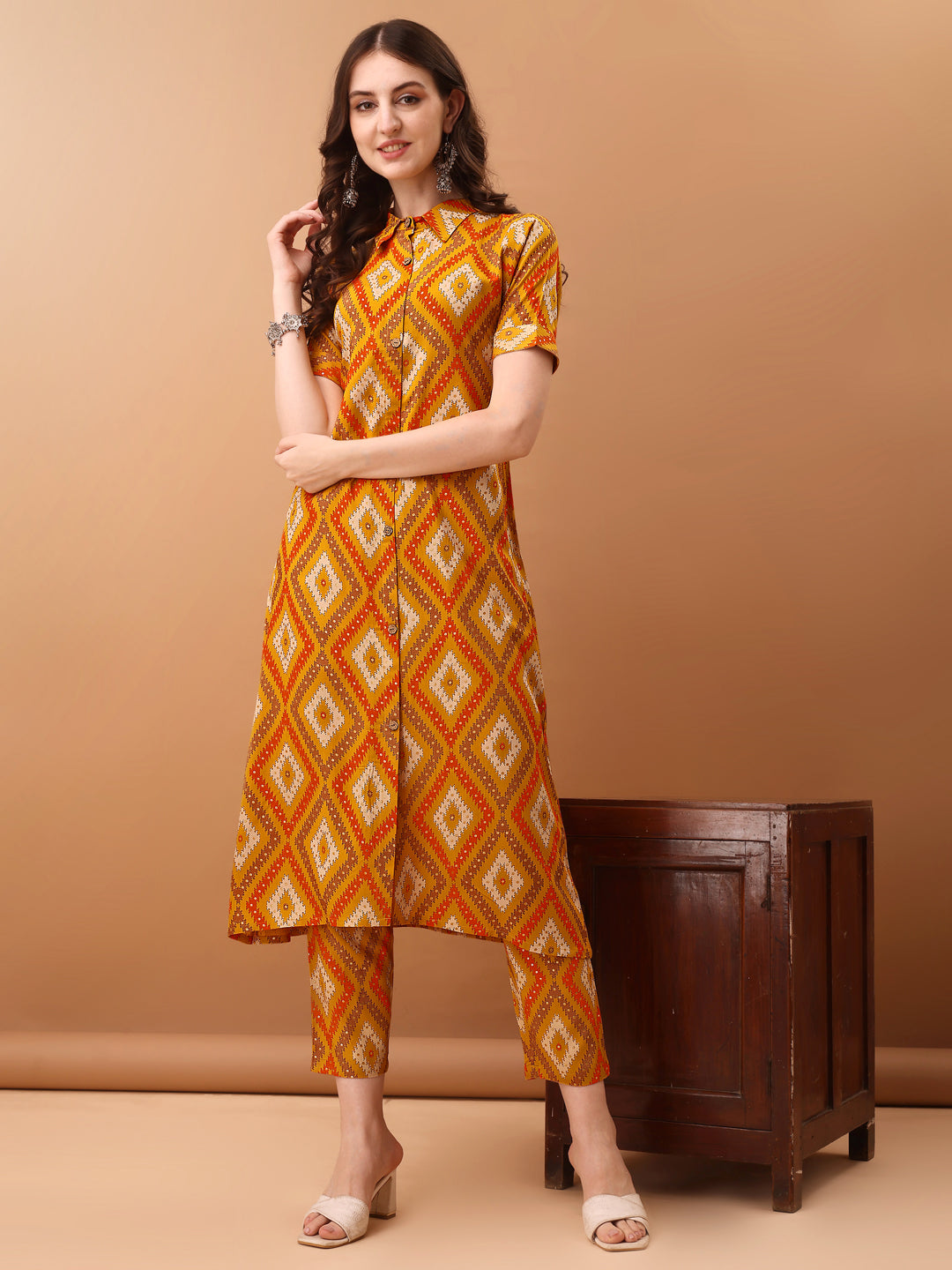 Printed Rayon Front Buttoned Collared Co-Ords Set, Mustard - Hiral Fashion - Distacart