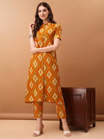 Thumbnail for Printed Rayon Front Buttoned Collared Co-Ords Set, Mustard - Hiral Fashion - Distacart
